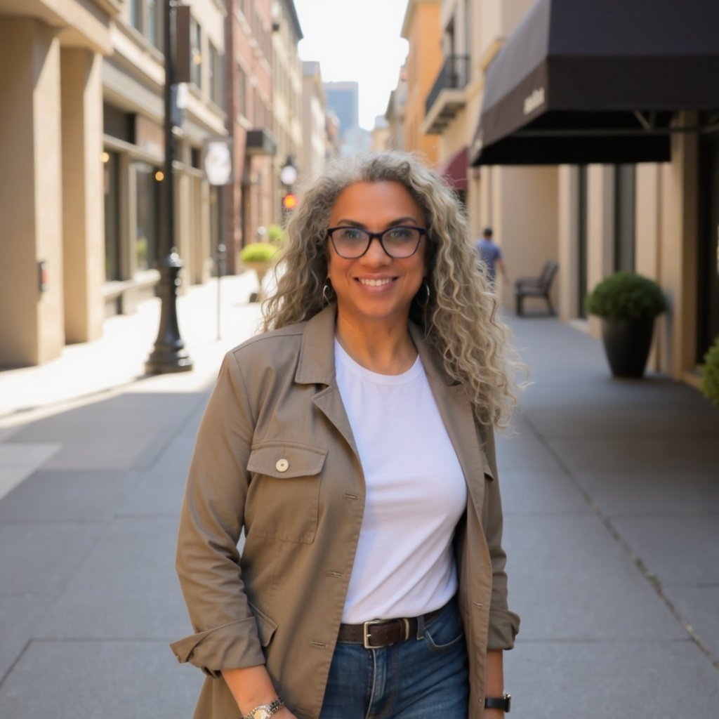 Leonne Sherr smiling on a sunny city sidewalk
